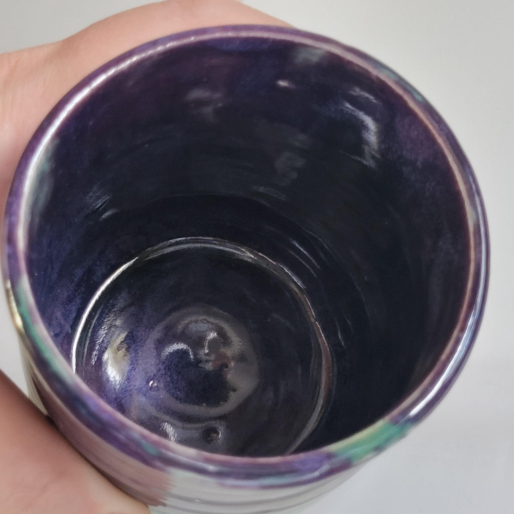 Tea Cup medium size with Wabi Sabi carved design and drippy glazes