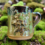 Ceramic mug with textured design on a gray background