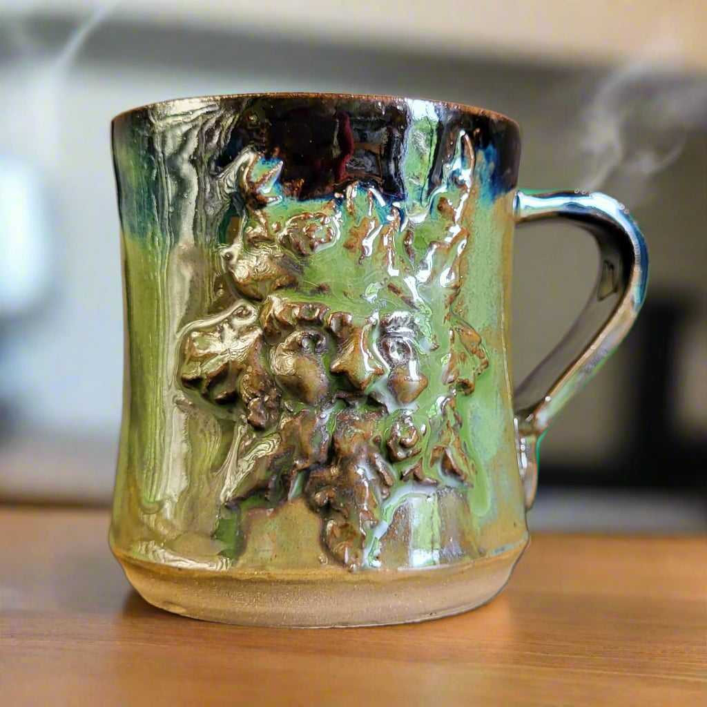 Ceramic mug with textured design on a gray background