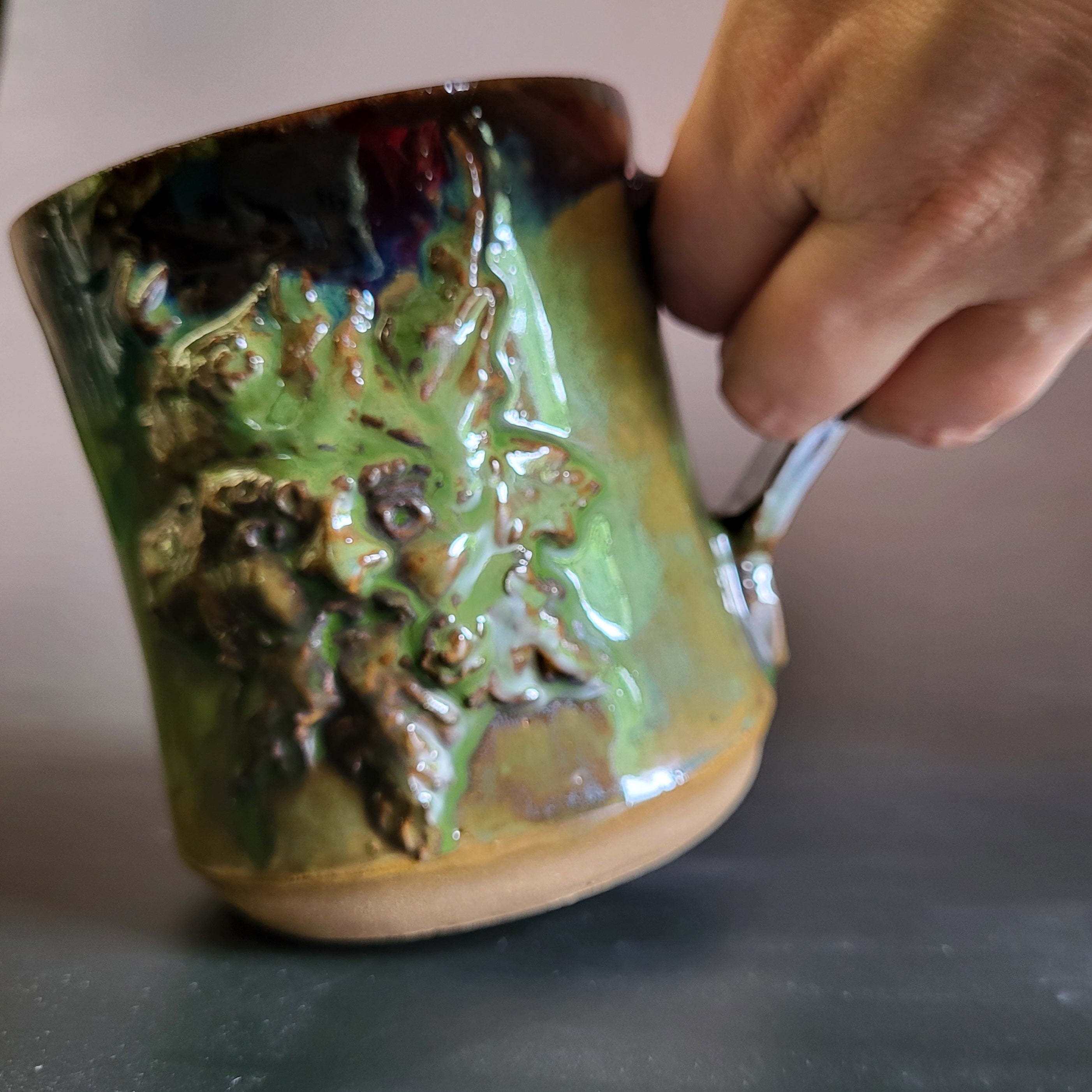Green Man Mug with Green and Blue Glaze Left-Handed Mug