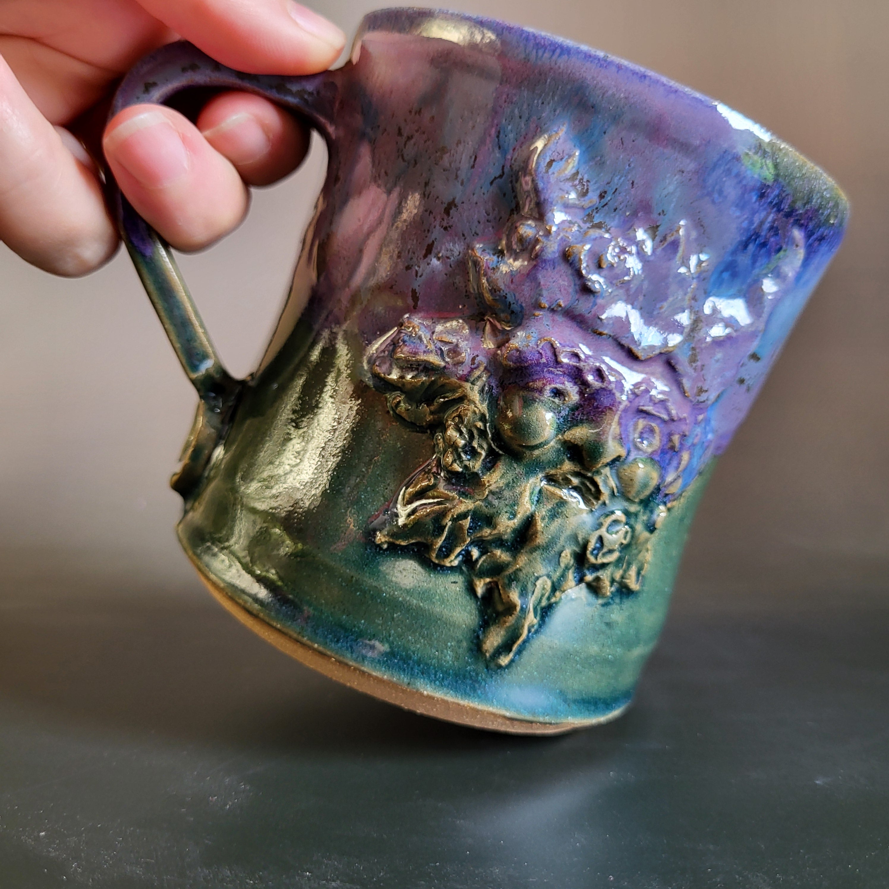 Green Man Mug in Purple and Green Glaze