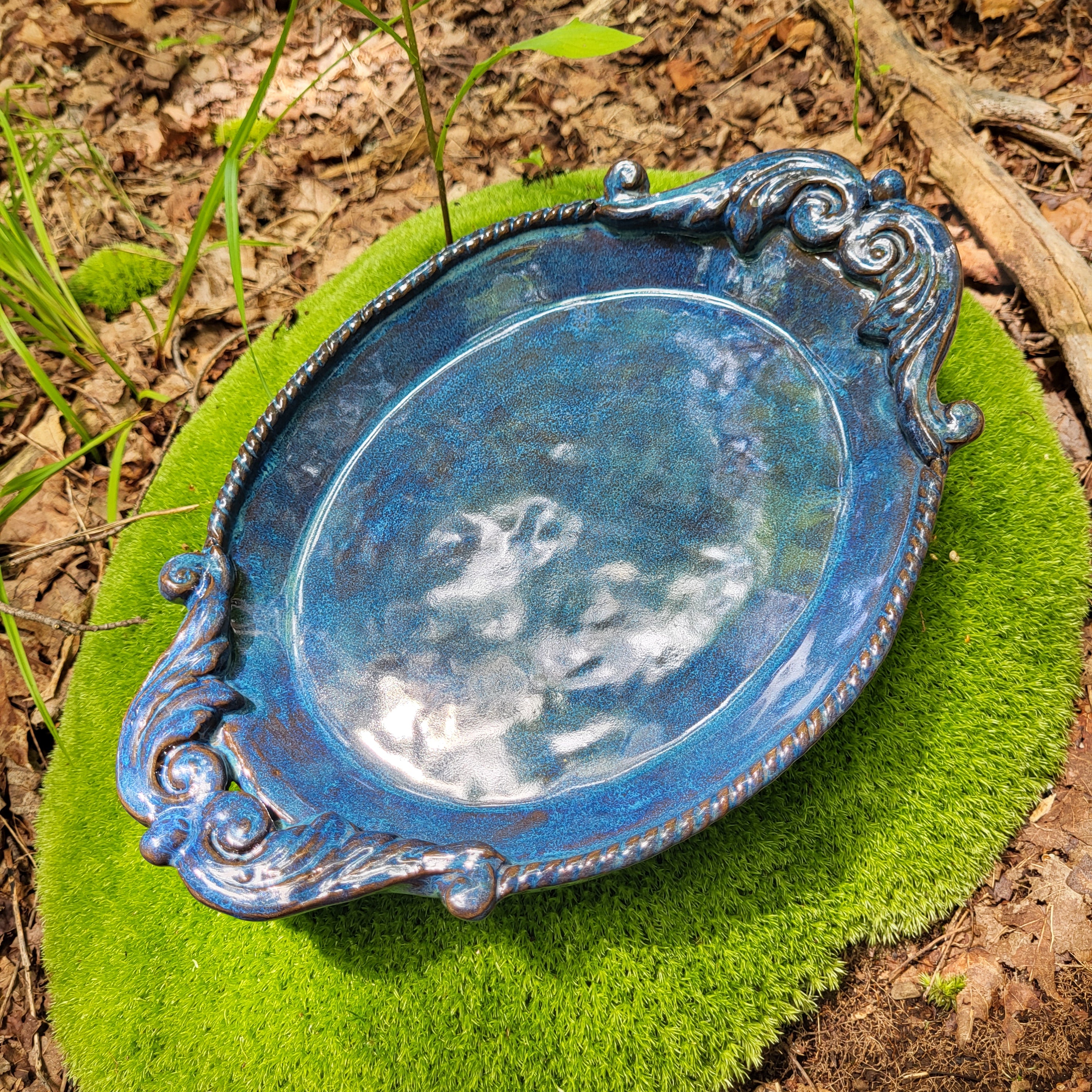 Serving Platter handcrafted with scroll handles in a blue glaze
