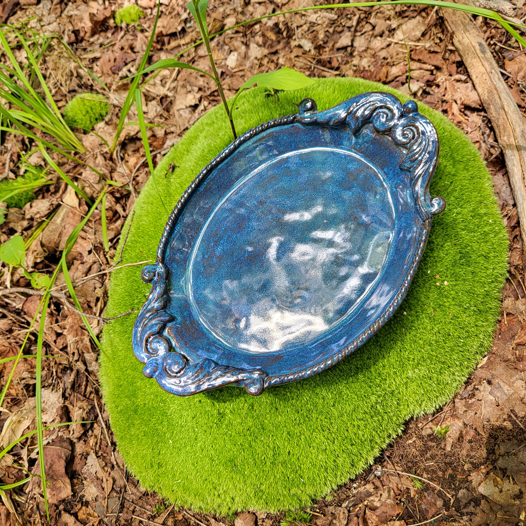 Serving Platter handcrafted with scroll handles in a blue glaze