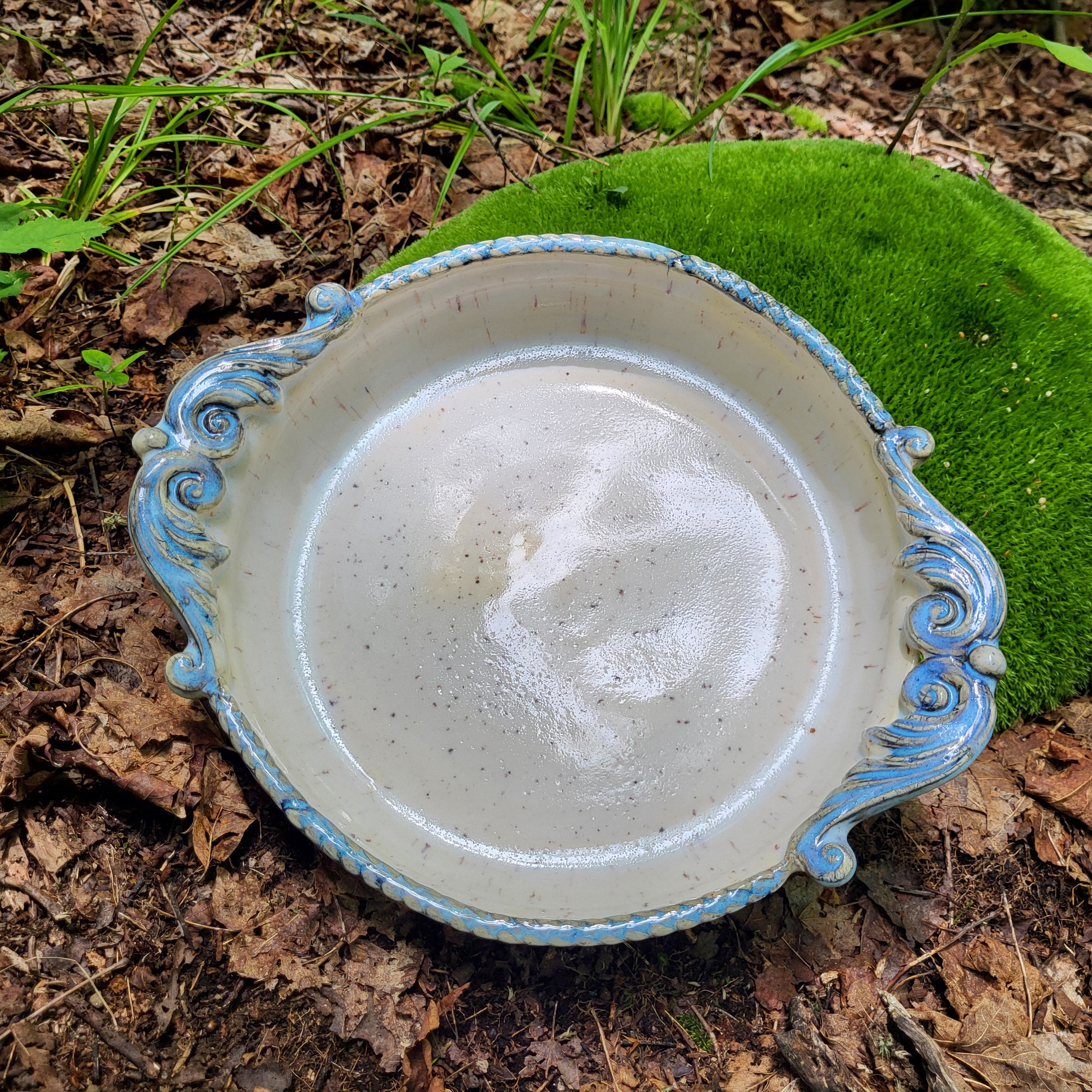 Pie Dish (9 Inch) with Scroll handles and speckled glaze