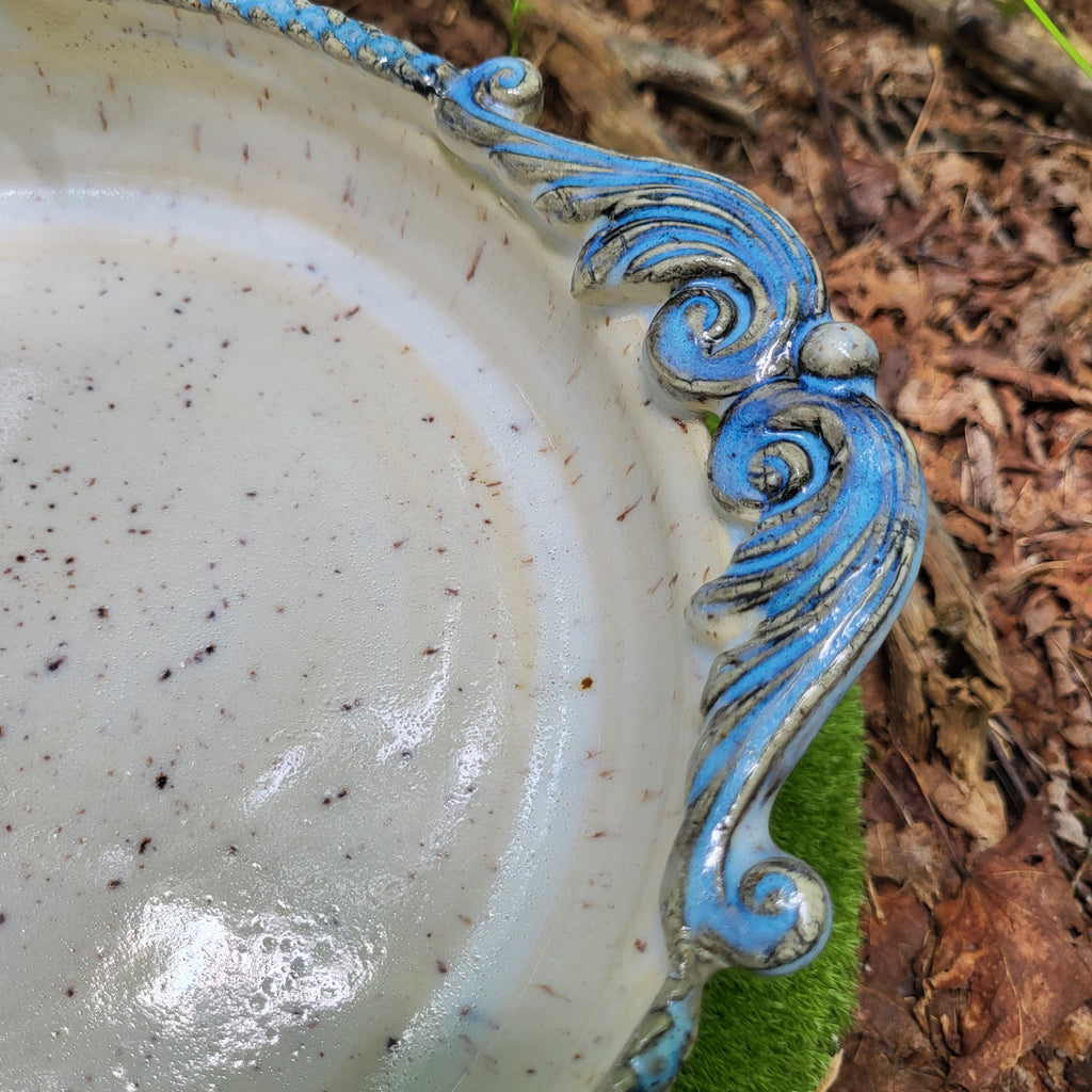 Pie Dish (9 Inch) with Scroll handles and speckled glaze