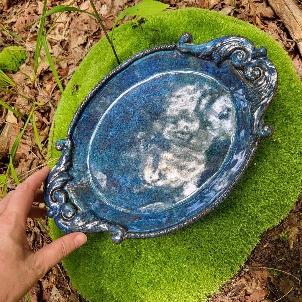 Serving Platter handcrafted with scroll handles in a blue glaze