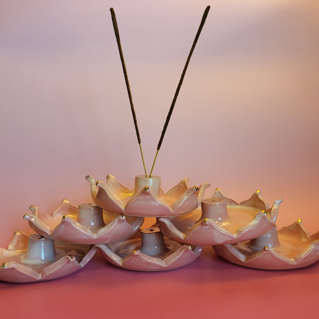Lotus Porcelain Incense Burner with Pink and 22K Gold Accents