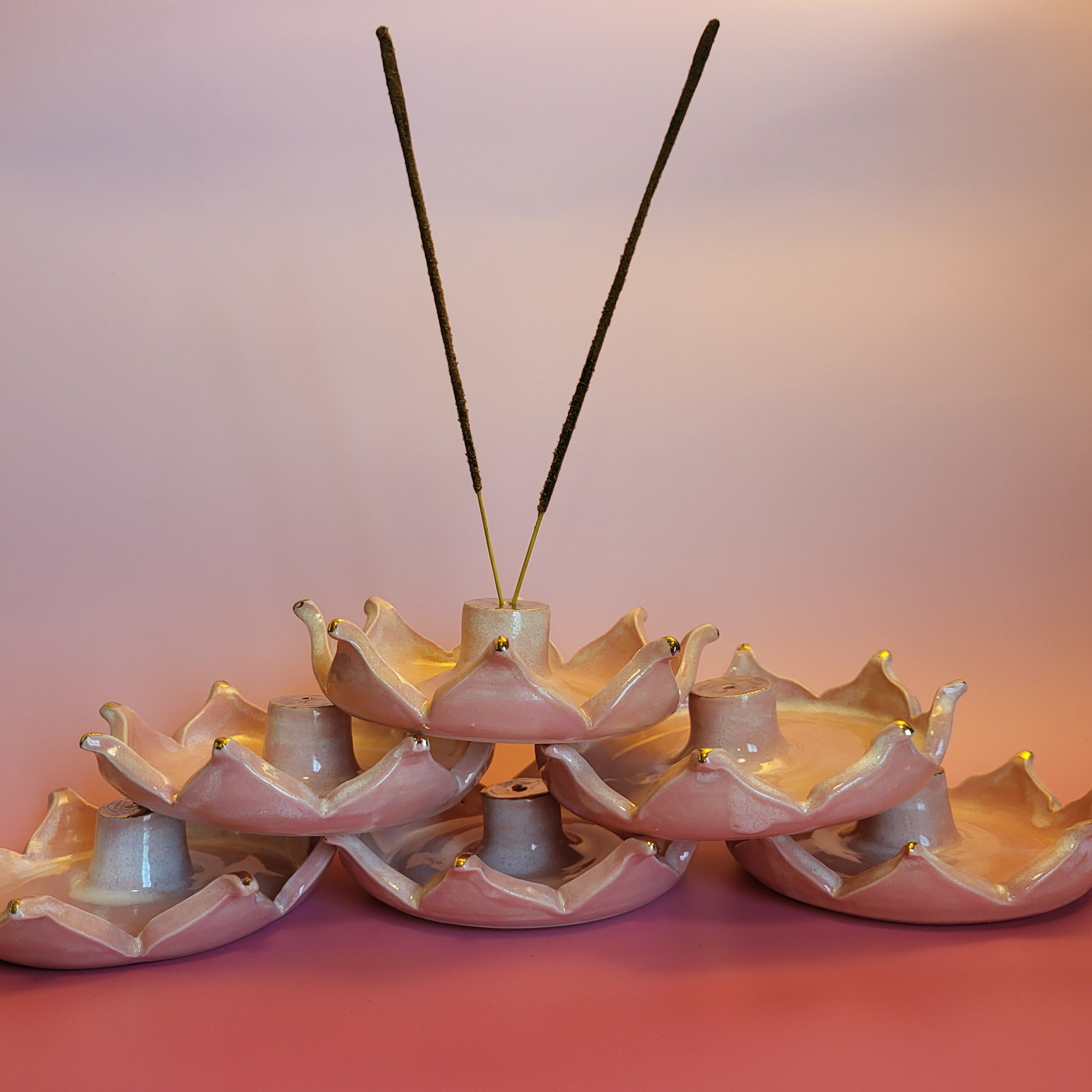 Lotus Porcelain Incense Burner with Pink and 22K Gold Accents