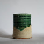 Green Tea Cup medium size with Wabi Sabi carved design and drippy glazes