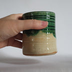 Green Tea Cup medium size with Wabi Sabi carved design and drippy glazes