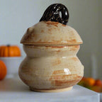 Ceramic jar with a lid and decorative handle on a plain background