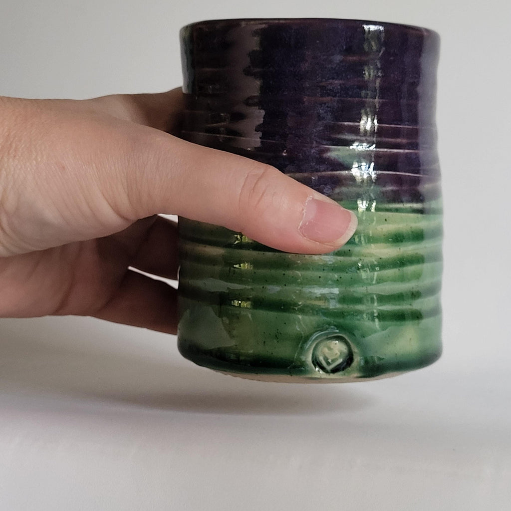 Tea Cup medium size with Wabi Sabi carved design and drippy glazes