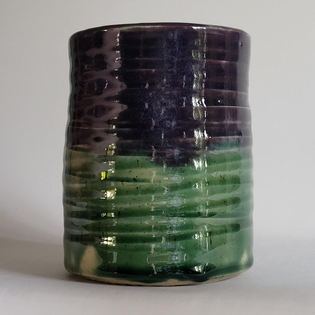 Tea Cup medium size with Wabi Sabi carved design and drippy glazes
